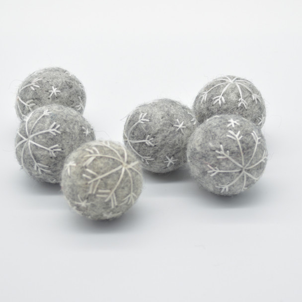 Handmade Wool Felt Christmas Embroidered Snowflake Bauble Ball - 6 Count - approx 3cm - Light Grey