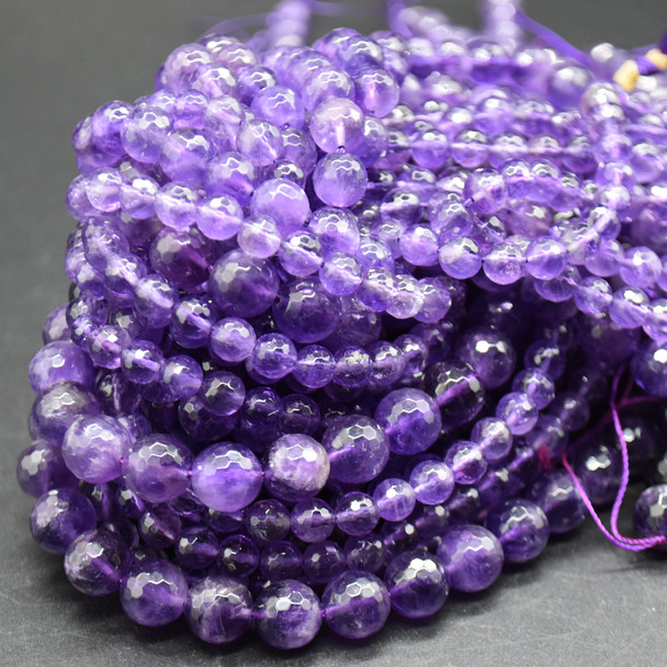 High Quality Grade A Natural Amethyst Faceted Semi-precious Gemstone Round Beads 6mm, 8mm, 10mm sizes - 15" long