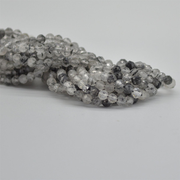 High Quality Grade A Natural Tourmalinated Quartz Semi-Precious Gemstone FACETED Round Beads - approx 3mm - 15" long