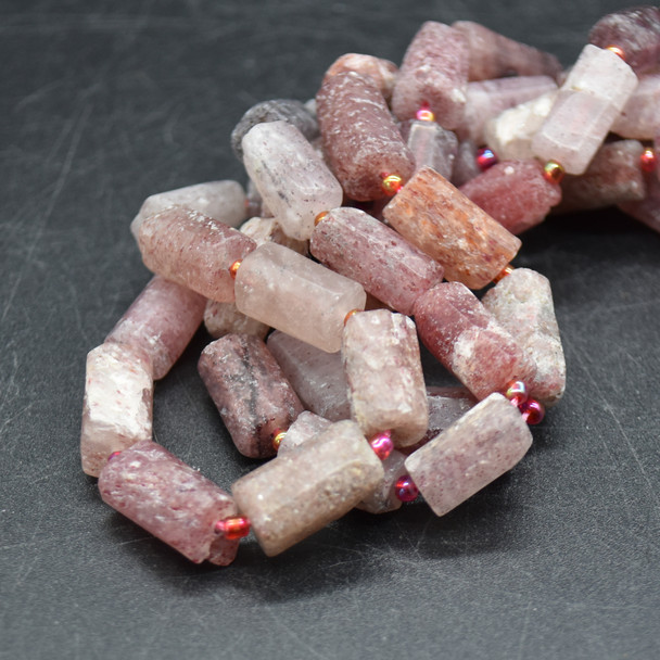 High Quality Grade A Natural Strawberry Quartz Semi-precious Gemstone FROSTED MATT Tube Beads - approx 15" strand