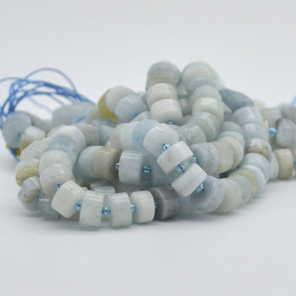 High Quality Grade A Natural Hand Polished Aquamarine Semi-Precious Gemstone Rondelle / Spacer Beads - approx 10mm x 5mm - 15" strand