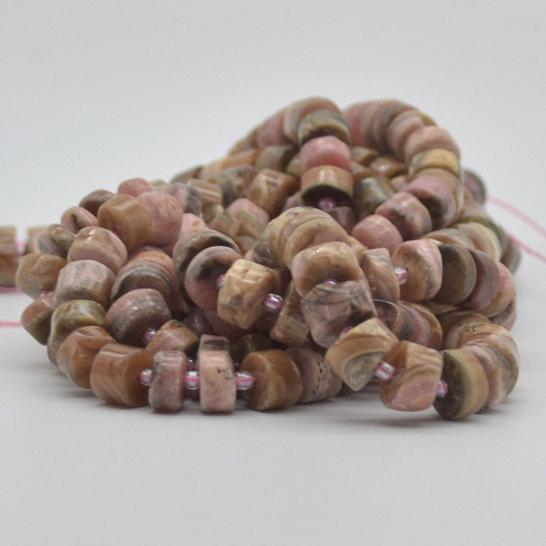 High Quality Grade A Natural Hand Polished Rhodocrosite Semi-Precious Gemstone Rondelle / Spacer Beads - approx 10mm x 5mm - 15" strand