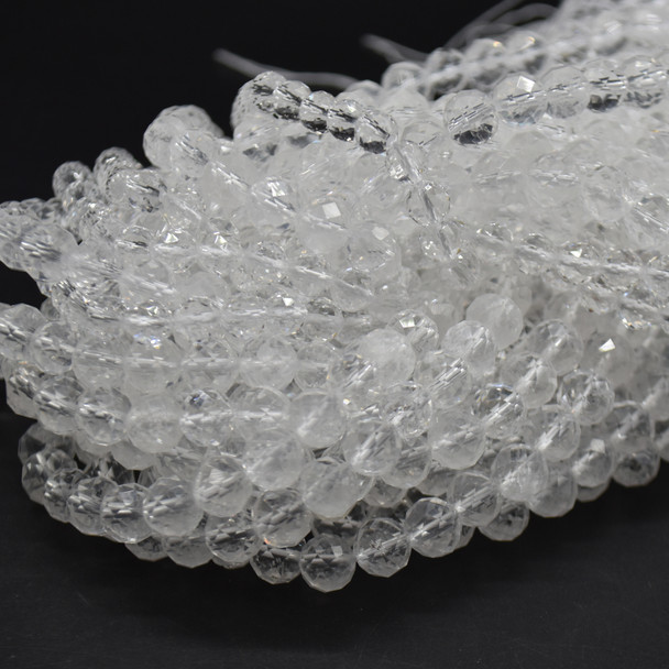 Natural Clear Quartz Semi-Precious Gemstone Diamond Cut Faceted Round Beads - 4mm, 6mm, 8mm, 10mm sizes - 14" long