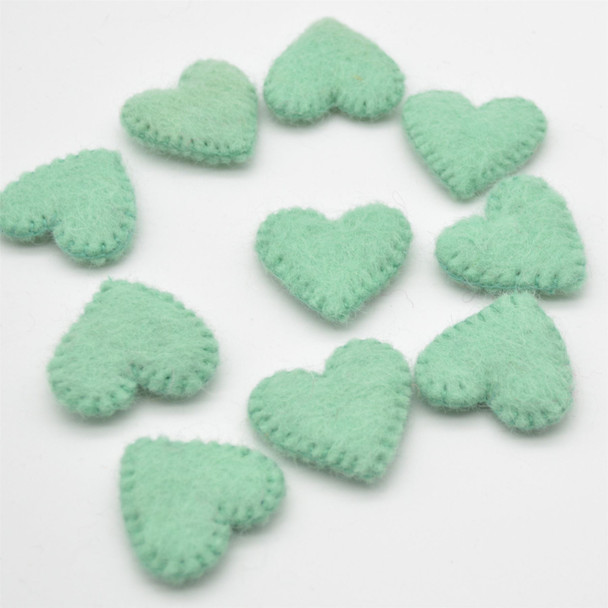 100% Wool Felt Flat Fabric Sewn / Stitched Felt Heart - 20 Count - approx 4cm - Aquamarine Green