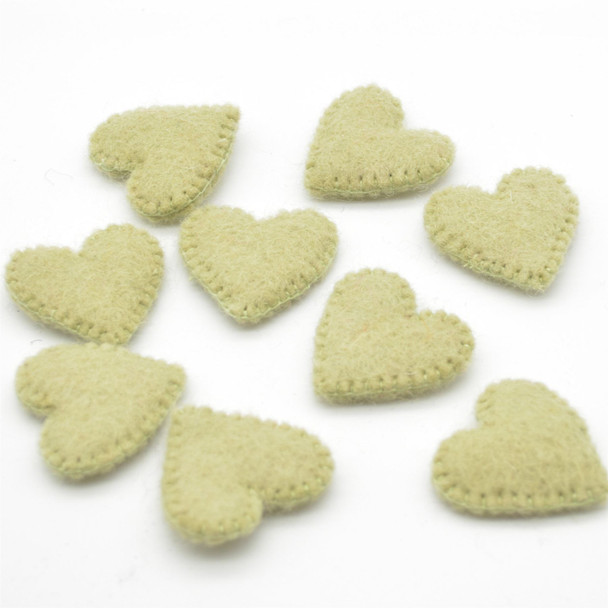 100% Wool Felt Flat Fabric Sewn / Stitched Felt Heart - 20 Count - approx 4cm - Light Yellow Green