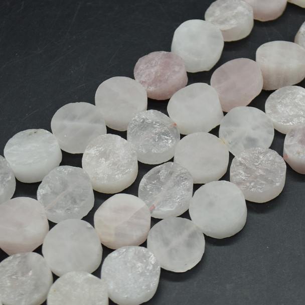 High Quality Grade A Natural Rose Quartz Semi-precious Gemstone FROSTED MATTE Disc Coin Beads - approx 20mm - 15" strand