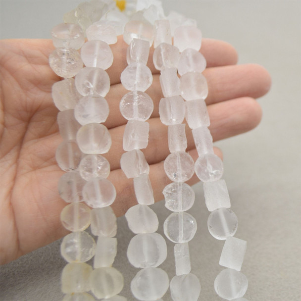 High Quality Grade A Natural Clear Crystal Quartz Semi-precious Gemstone FROSTED MATTE Disc Coin Beads - approx 10mm - 15" strand