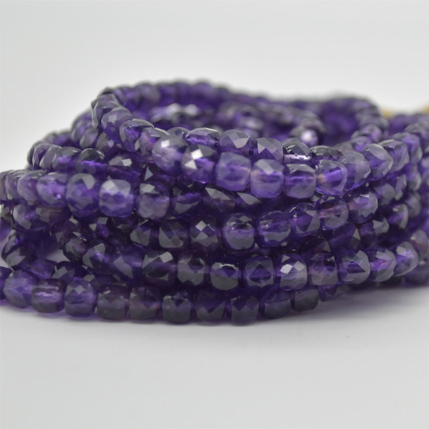 High Quality Grade A Natural Amethyst Semi-precious Gemstone Faceted Cube Beads - 3mm - 4mm & 5 - 6mm - 15" long strand