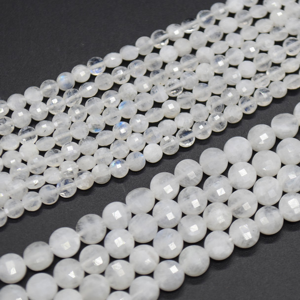 High Quality Grade A Natural Rainbow Moonstone Semi-Precious Gemstone Faceted Coin Disc Beads - 4mm, 6mm sizes - 15" long