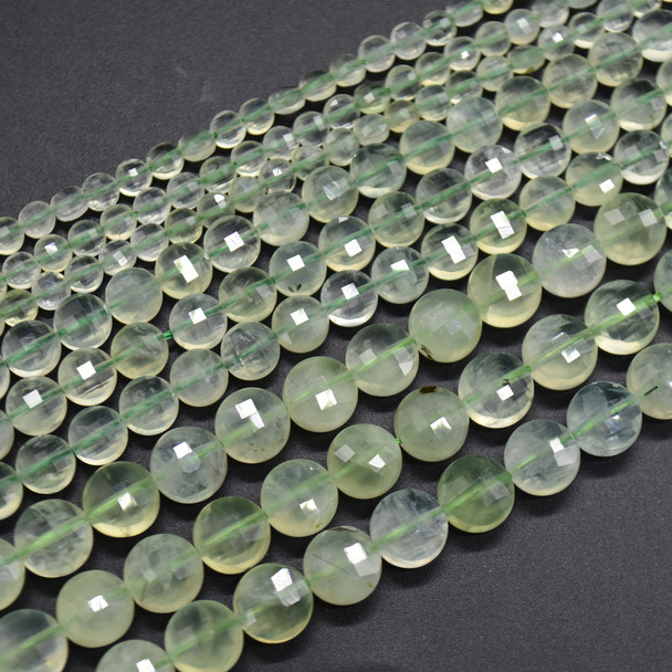 High Quality Grade A Natural Prehnite Semi-Precious Gemstone Faceted Coin Disc Beads - 4mm, 6mm, 8mm sizes - 15" long