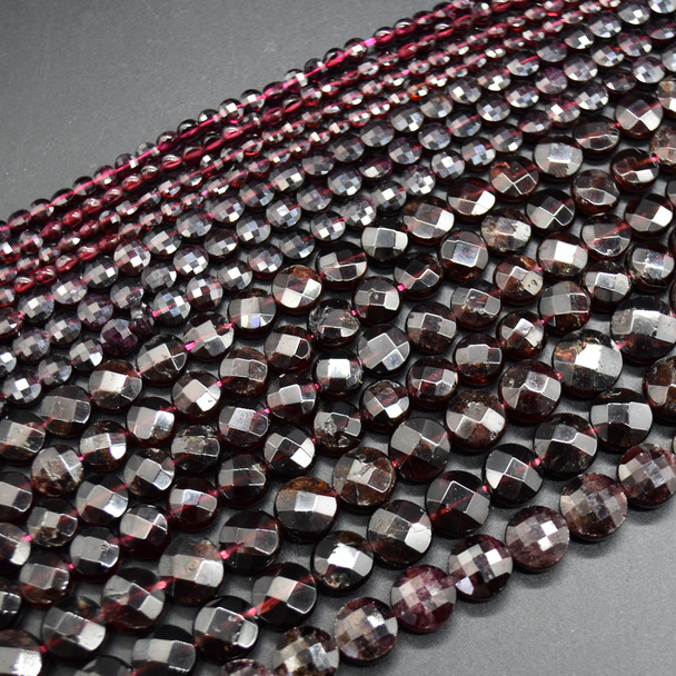 High Quality Grade A Natural Garnet Semi-Precious Gemstone Faceted Coin Disc Beads - 4mm, 6mm, 8mm, 10mm sizes - 15" long