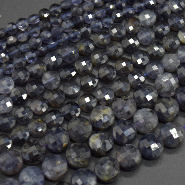 High Quality Grade A Natural Iolite Semi-Precious Gemstone Faceted Coin Disc Beads - 4mm, 6mm, 8mm sizes - 15" long