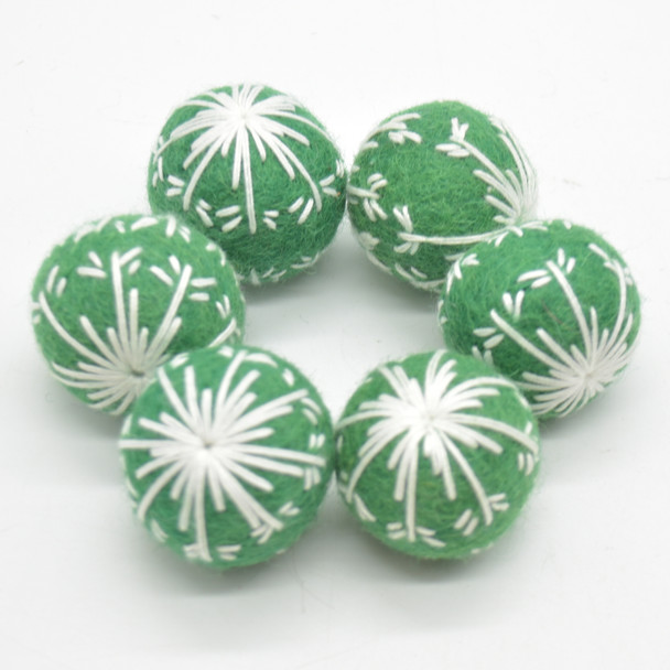 Felt Christmas Embroidered Snowflake Bauble Felt Ball - 6 Count - Forest Green - 2.5cm