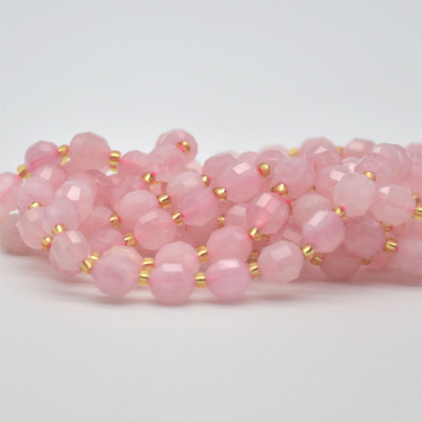 Grade A Natural Rose Quartz Semi-precious Gemstone Double Tip FACETED Round Beads - 7mm x 8mm - 15" strand