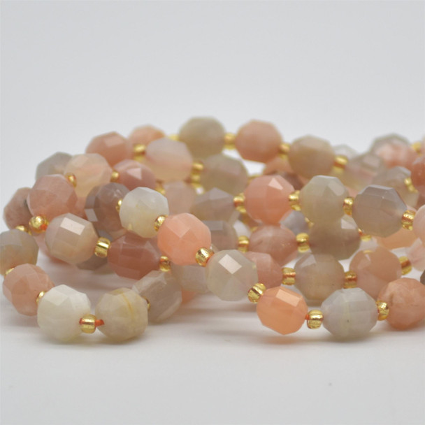 Grade A Natural Multi Colour Moonstone Semi-precious Gemstone Double Tip FACETED Round Beads - 7mm x 8mm - 15" strand