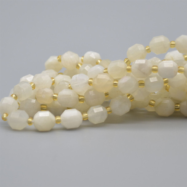 Grade A Natural White Moonstone Semi-precious Gemstone Double Tip FACETED Round Beads - 7mm x 8mm - 15" strand