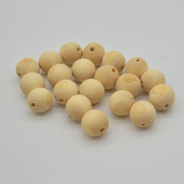 Natural Plain Round Wood Beads with Engraved Heart - size 20mm - 20 beads