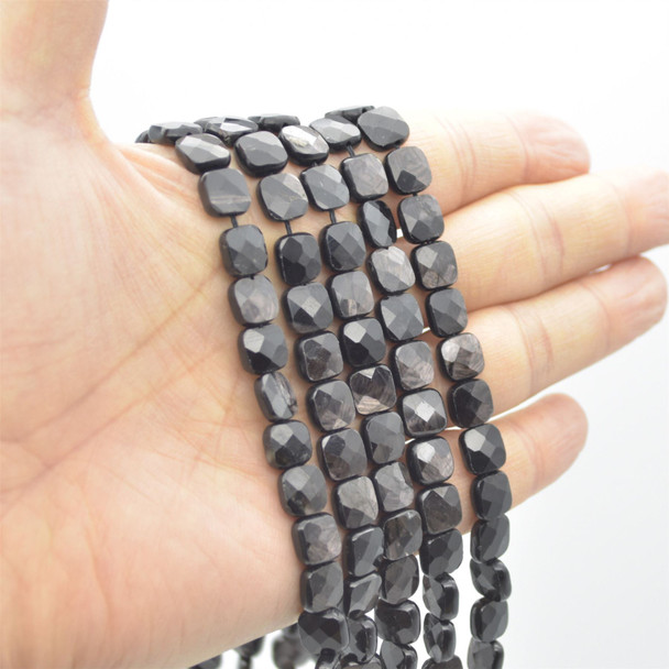 High Quality Grade A Natural Black Aura Hypersthene Semi-precious Gemstone FACETED Square Beads - 8mm - Approx 15" strand