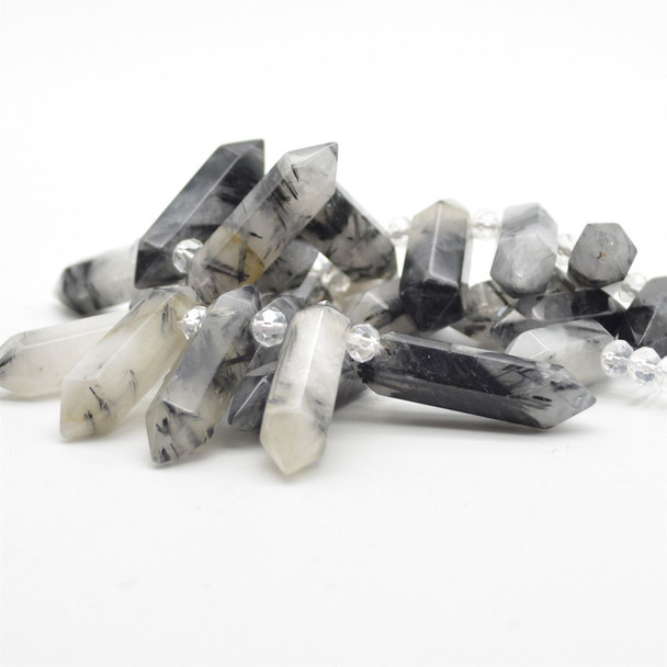 High Quality Grade A Natural Black Rutile Tourmalinated Quartz Semi-Precious Gemstone Double Terminated Points Beads / Pendants - 14" strand