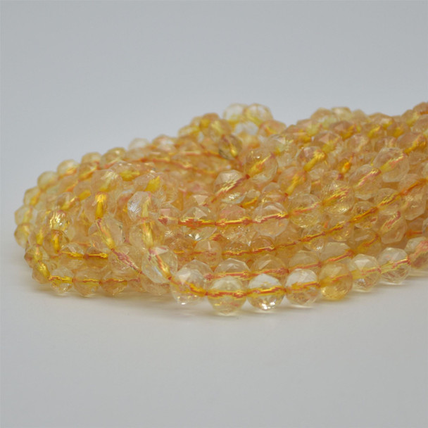 High Quality Grade A Citrine Semi-Precious Gemstone Star Cut Faceted Round Beads - 6mm, 8mm sizes - 15" long