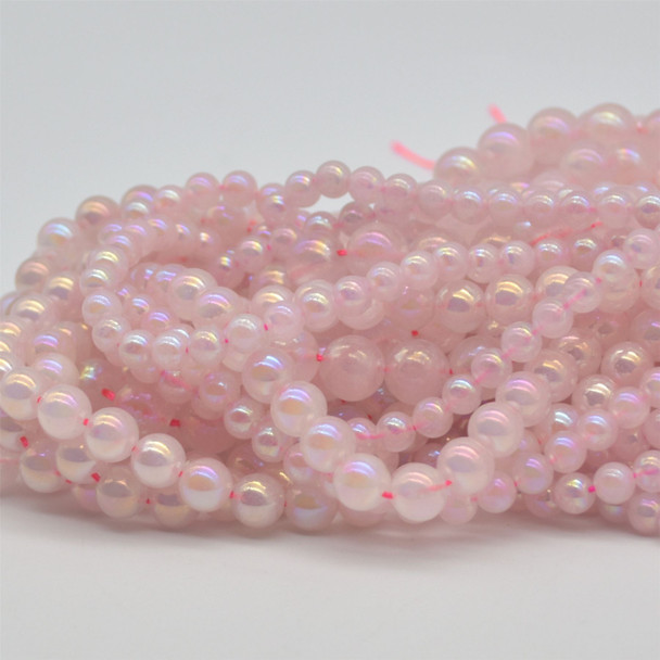 High Quality Grade A Aura Coated Natural Rose Quartz Semi-Precious Gemstone Round Beads - 6mm, 8mm, 10mm sizes - 15" long