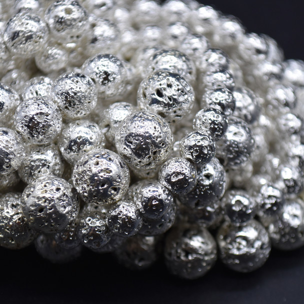 High Quality Grade A Natural Black Lava (Silver Colour Plated) Semi-Precious Gemstone Round Beads - 4mm, 6mm, 8mm, 10mm sizes - 14" long
