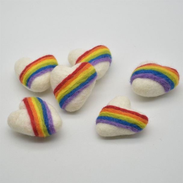 100% Wool Felt Heart - Ivory - 5cm - Rainbow Colour Stripe - 4 count