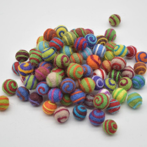 100% Wool Felt Balls - 1.5cm - 100 Count - Assorted Swirl Felt Balls - Bright Colours