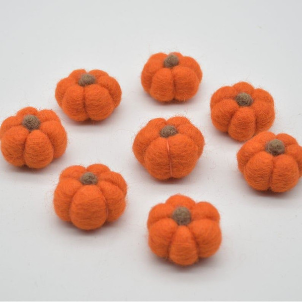 100% Wool Felt Pumpkins - 5 Count - International Orange - 4cm x  2cm - 2.5cm