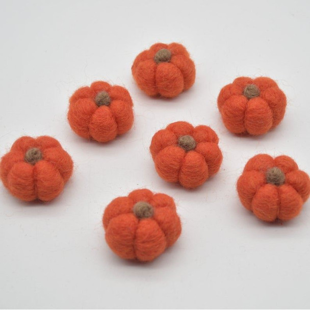 100% Wool Felt Pumpkins - 5 Count - Tangelo Orange - 4cm x  2cm - 2.5cm