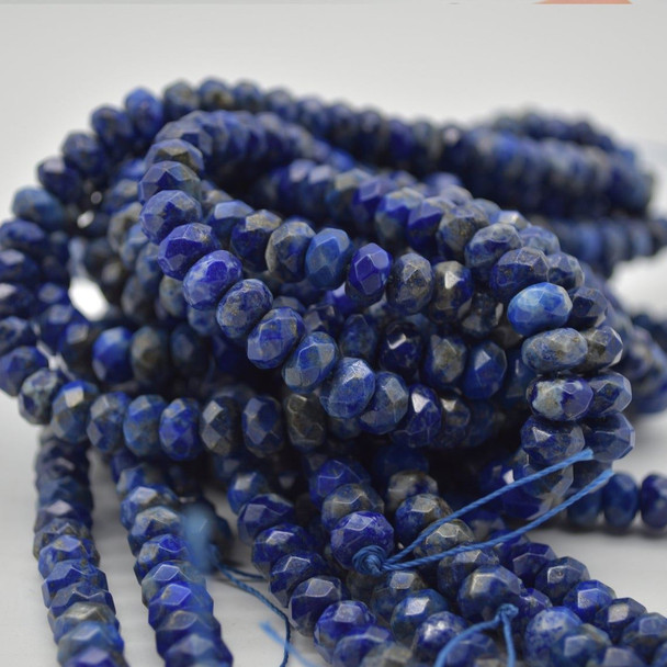 Grade A Natural Lapis Lazuli (with more White  Calcite) Semi-Precious Gemstone FACETED Rondelle Spacer Beads - 8mm x 6mm -  15" strand