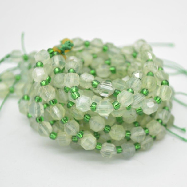 Grade A Natural Prehnite Semi-precious Gemstone Double Tip FACETED Round Beads - 5mm x 6mm - 15" strand