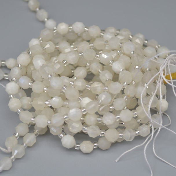 Grade A Natural White Moonstone Semi-precious Gemstone Double Tip FACETED Round Beads - 5mm x 6mm - 15" strand
