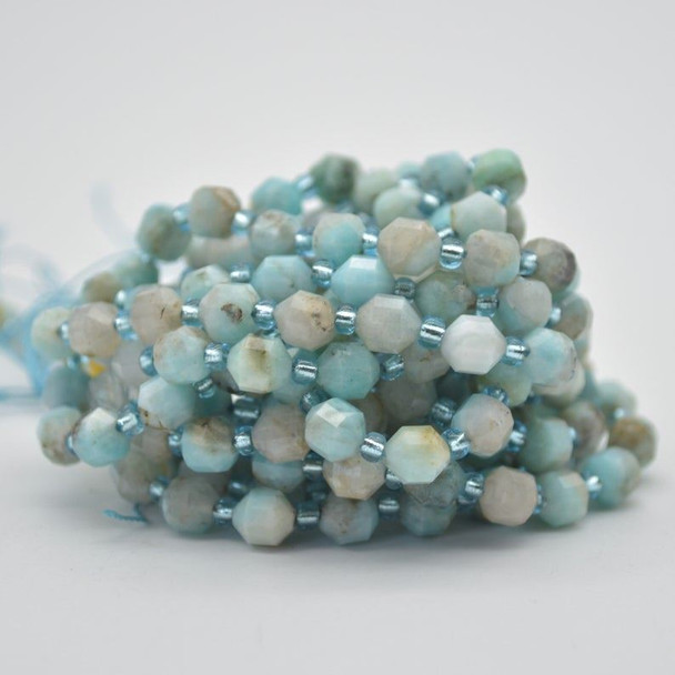 Grade A Natural New Amazonite Semi-precious Gemstone Double Tip FACETED Round Beads - 5mm x 6mm - 15" strand