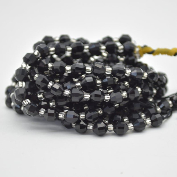 Grade A Natural Black Tourmaline Semi-precious Gemstone Double Tip FACETED Round Beads - 5mm x 6mm - 15" strand