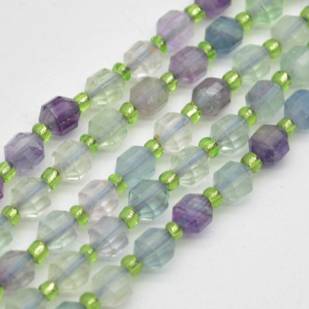 Grade A Natural Rainbow Fluorite Semi-precious Gemstone Double Tip FACETED Round Beads - 5mm x 6mm - 15.5" strand