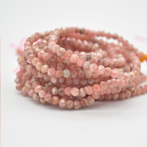 High Quality Grade A Natural Rhodochrosite Semi-precious Gemstone FACETED Lantern style Round Beads - 3mm - 15" strand