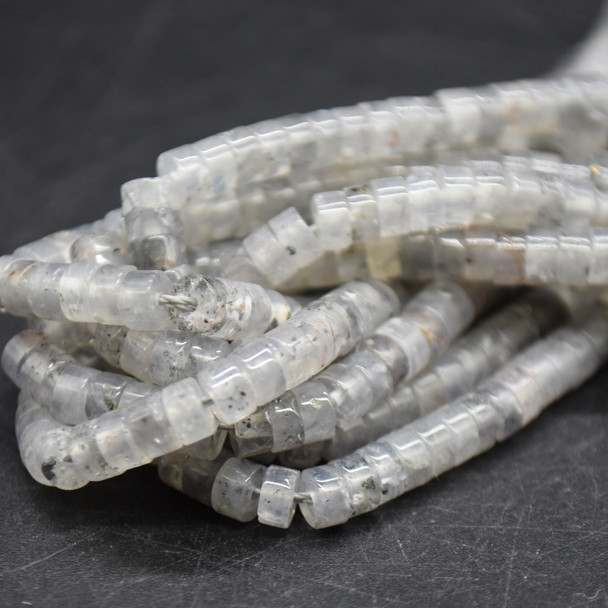High Quality Grade A Natural Grey Quartz Semi-Precious Gemstone Flat Heishi Rondelle / Disc Beads - 4mm x 2mm - 15" strand