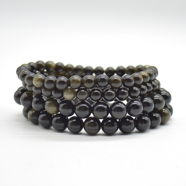 Natural Golden Sheen Obsidian Semi-precious Gemstone Round Beads Sample strand / Bracelet - 6mm, 8mm or 10mm sizes - 7.5"