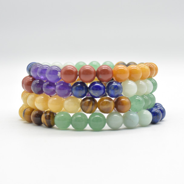 7 Chakra Gemstone Round Beads Sample strand / Bracelet - 8mm - 7.5" - Set 01