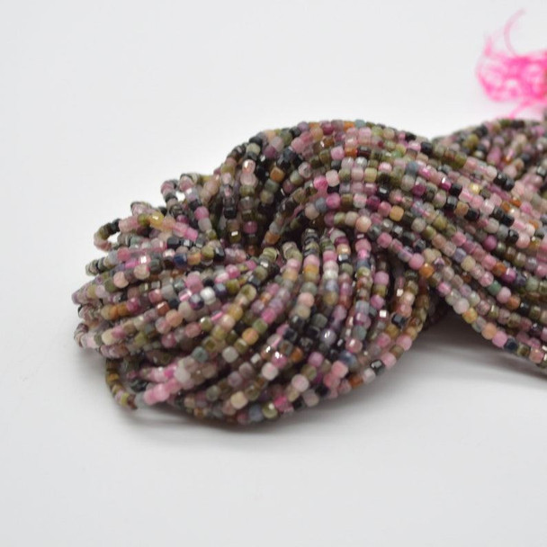 High Quality Grade A Natural Multi-Colour Tourmaline Semi-precious Gemstone Faceted Cube Beads - 2mm - 2.4mm - 15" strand 02