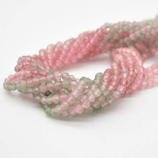 High Quality Grade A Natural Green and Pink Strawberry Quartz Semi-Precious Gemstone FACETED Round Beads - 3mm - 15" strand
