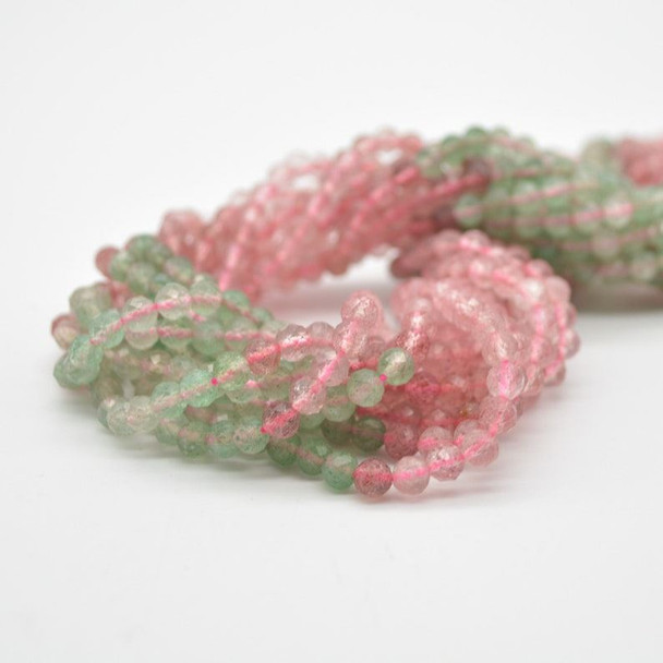 High Quality Grade A Natural Green and Pink Strawberry Quartz Semi-Precious Gemstone FACETED Round Beads - 4mm - 15" strand