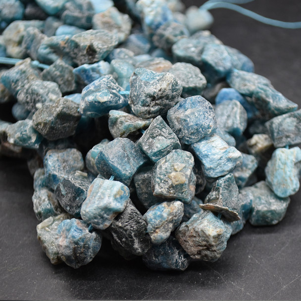 Raw Natural Apatite ( Teal Blue ) Semi-precious Gemstone Chunky Nugget Beads - 10mm - 14mm x 10mm - 13mm - 15" strand