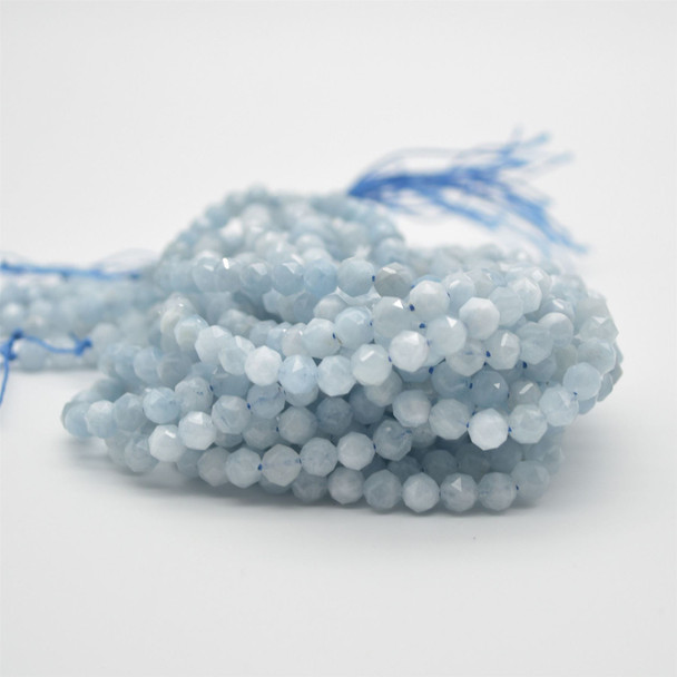 High Quality Grade A Natural Aquamarine Semi-precious Gemstone Star Cut Faceted Round  Beads - 5.5mm - 15" strand