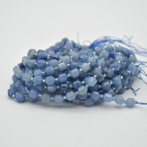 Grade A Natural Blue Aventurine Semi-precious Gemstone Double Tip FACETED Round Beads - 7mm x 8mm - 15" strand