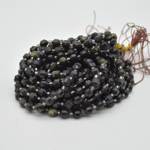 Grade A Natural Golden Sheen Obsidian Semi-precious Gemstone Double Tip FACETED Round Beads - 5mm x 6mm - 15" strand