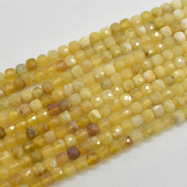 High Quality Grade A Natural Yellow Opal Semi-precious Gemstone Faceted Cube Beads - 4mm - 15" strand