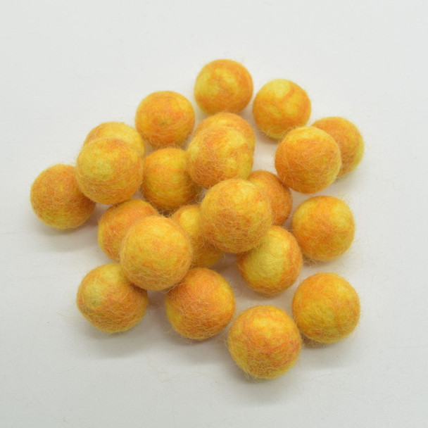 100% Wool Felt Balls - 2cm - 100 Count - Orange and Yellow Tie Dye Colours