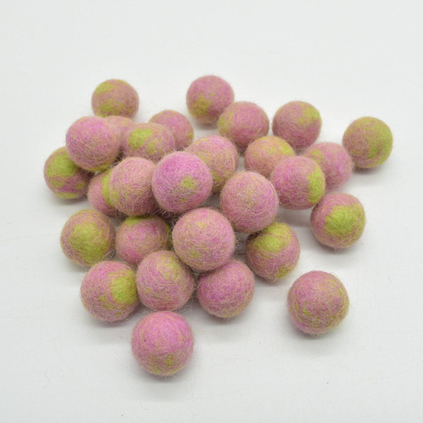 100% Wool Felt Balls - 2cm - 100 Count - Pink and Green Tie Dye Colours